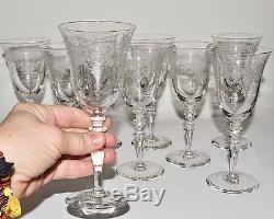 9 Elegant Floral Etched Crystal Wine Goblet Stems Glasses 6.5 with FLower Basket