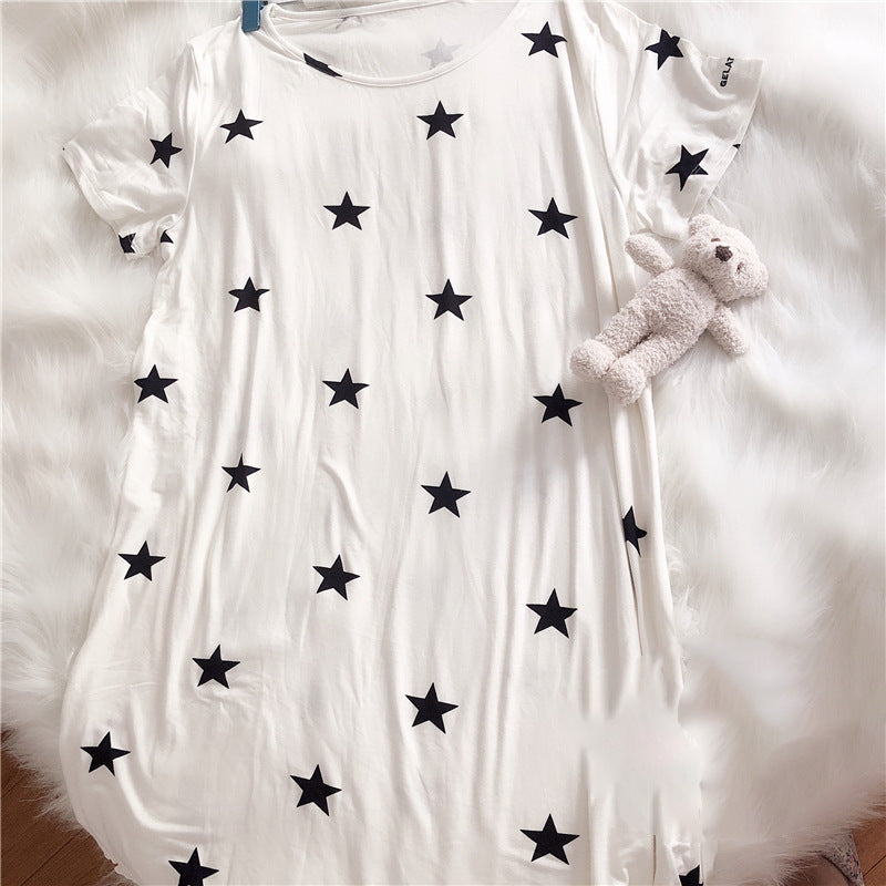ID638 ワンピース パジャマ 星柄 モダール パジャマ レディース 夏 半袖 可愛い 快適 おしゃれ プリント 外出可
